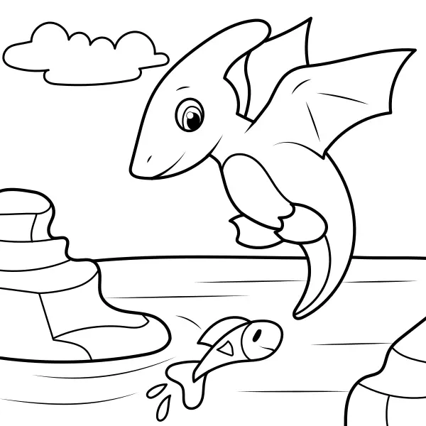 Dinosauř chytá rybu | Online omalovánky pro děti