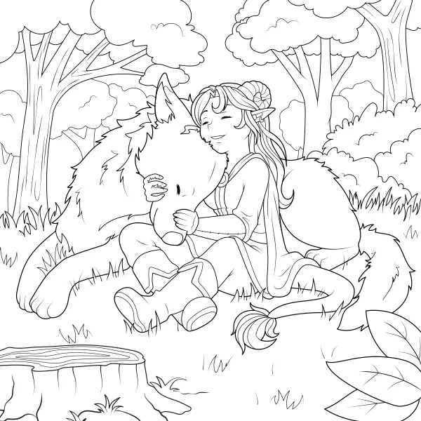 Fantasy dívka s vlkem | Online omalovánky pro děti