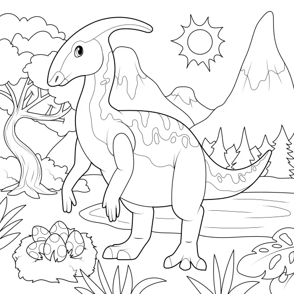 Parasaurolophus s hnízdem | Online omalovánky pro děti